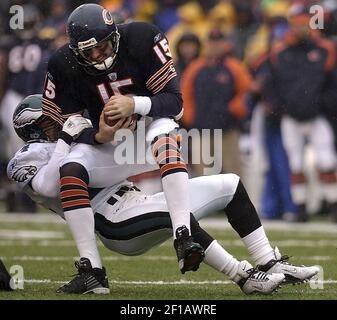 Chicago Bears' quarterback Jim Miller (15) is sacked by Green Bay