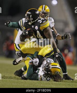 20 December 2009: Green Bay Packers A.J. Hawk (50) has a handful of  Pittsburgh Steelers Heath MillerÃ•s (83) jersey during the NFL football  game between the Green Bay Packers and the Pittsburgh