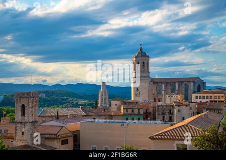 Girona, Spain - July 28, 2019: Cityscape of the city of Girona in Catalonia with the famous landmark Cathedral of Saint Mary of Girona, Spain Stock Photo
