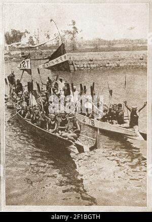 A circa 1949 printed image of Japanese Sea Scouts in their distictive boats taking part in a regatta. Scouting began in  Japan in the autumn of 1909, introduced by ambassador Akizuki Satsuo and Japanese teacher Hōjō Tokiyuki, who had visited England in 1908. Today's movement in Japan is The Movement is inter-denominational, but   members are encouraged to have a clear conviction of the existence of God Stock Photo