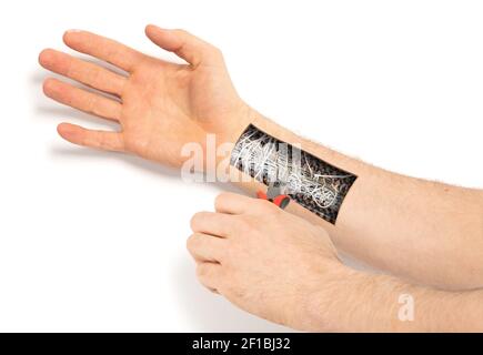 Robot hand inside human hand - Prosthesis concept, repairing, isolated on white Stock Photo