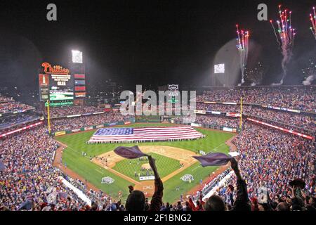 Fans cheer after the National Anthem as the Philadelphia Phillies