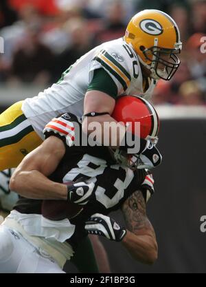 Green Bay Packers linebacker A.J. Hawk wears a Cheesehead hat during  Media Day for Super Bowl XLV in Arlington, Texas on February 1, 2011. The  Pittsburgh Steelers will take on the Green