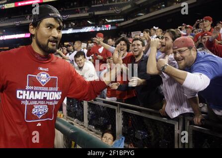 Philadelphia Phillies Chan Ho Park celebrates win the fans the Phillies  10-4 victory over the Los Angeles Dodgers in Game 5 of the NLCS at Citizens  Bank Park, Wednesday, October 21, 2009