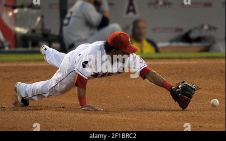 Photo: Los Angeles Angels of Anaheim Hideki Matsui reacts after