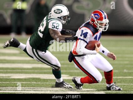 Buffalo Bills special teams player John Wendling is airborne on a