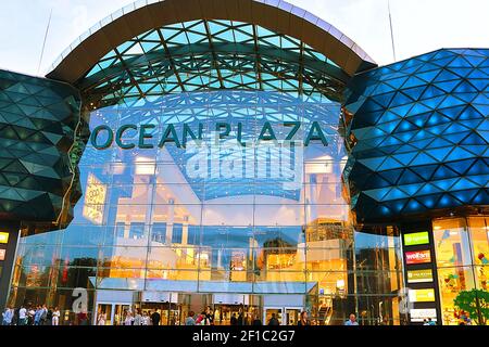 Kyiv, Ukraine - August 4, 2019: View of the evening facade of the Ocean Plaza shopping mall and entertainment center. Opened on November 19, 2012. The Stock Photo
