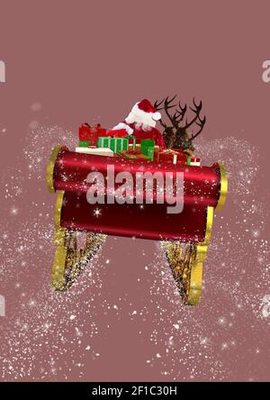 Illustration of back view of santa in flying sleigh and snow on dark pink background Stock Photo