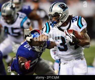 Carolina Panthers running back DeAngelo Williams (34) reaches out to push  aside New York Giants (21) safety Kenny Phillips during first half action.  The Giants faced the Panthers in a football game