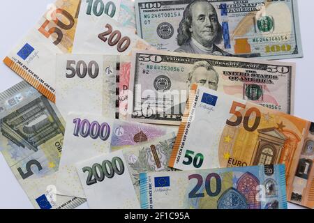 Banknotes of different countries background, top view Stock Photo