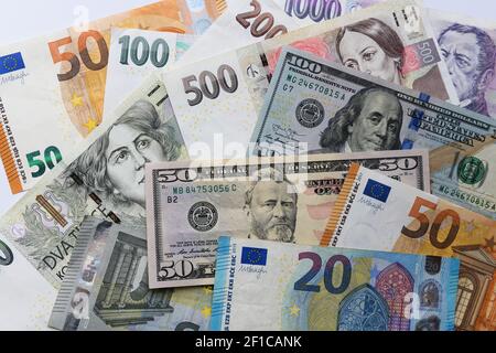 Banknotes of different countries background, top view Stock Photo