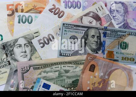 Banknotes of different countries background, top view Stock Photo