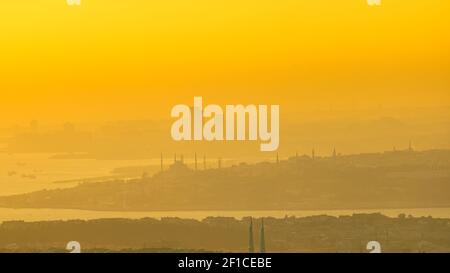 Cityscape of Istanbul from Camlica Hill at sunset. Istanbul background photo. Stock Photo