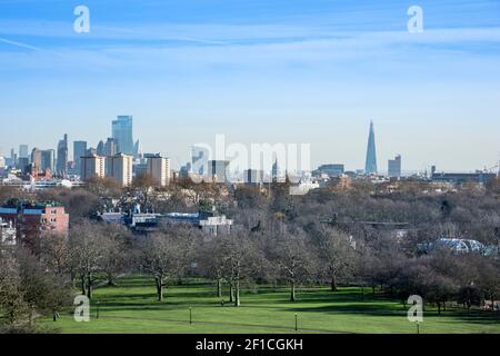 Skyline of the Central London business district from Primrose Hill - a public park adjacent to Regents Park, St. Johns Wood, London, UK Stock Photo