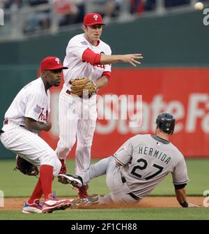 Philadelphia Phillies' Jimmy Rollins looks to the sky after