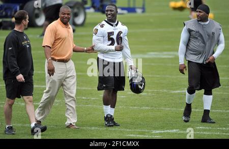 Baltimore Ravens linebackers Ray Lewis, foreground, and Terrell Suggs chat  during training camp in Owings Mills, Maryland, Tuesday, August 2, 2011.  (Photo by Karl Merton Ferron/Baltimore Sun/MCT/Sipa USA Stock Photo - Alamy