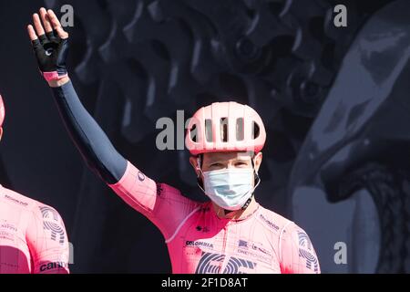 Danish cycling racer Magnus Cort Nielsen (EF Education Nippo) during the signing podium of the first stage of the Paris Nice 2021. Saint Cyr l'Ecole, Franc, March 7th, 2021. Photo by Daniel Derajinski/ABACAPRESS.COM Stock Photo