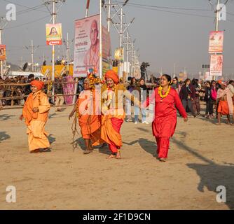 nagas sadhu arrives to take holly dip in river ganges at kumbh mela.kumbh is the largest congregation on the earth. Stock Photo