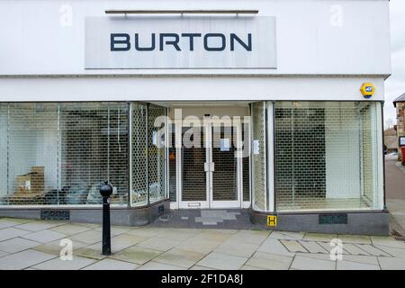 Chippenham, Wiltshire, UK. 5th March, 2021. A closed and empty Burton shop is pictured in Chippenham, Wiltshire. The Burton brand was owned by Arcadia Stock Photo