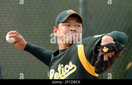 Boston Red Sox' Manny Ramirez is hit by a pitch with bases loaded in the  bottom of the 10th inning by Oakland Athletics pitcher Keiichi Yabu at  Fenway Park in Boston, Friday