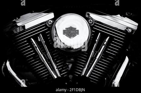 Harley Davidson motorcycle engine. Black and White Stock Photo