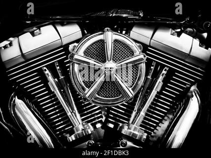 Harley Davidson motorcycle engine. Black and White Stock Photo
