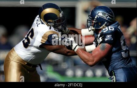 Los Angeles Rams former running back Lawrence McCutcheon (30), St. Louis  Rams former defensive tackle D'Marco Farr (75) and Los Angeles Rams former  offensive lineman Dennis Harrah (60) at Rams All-Access at