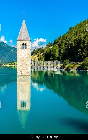 Church tower in Lake Reschen with low water level, Reschenpass, South ...