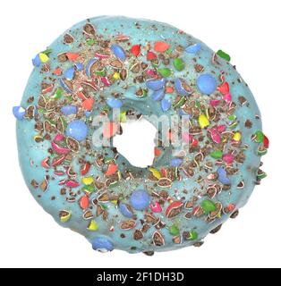 Top view of sweet donut with blue icing and crushed candies. Close Up of a round confectionery. Donut on a white background. Sweet dish. Ready to eat. Stock Photo