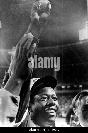 Atlanta Braves' Hank Aaron hits his 715th homerun, April 8, 1974. A crowd  of 53,775 people, the largest in the history of Atlanta-Fulton County  Stadium, witnessed Aaron's homerun against Los Angeles Dodgers
