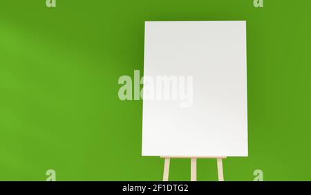 Wooden easel with a blank canvas in a green room with space for text on the wall, 3d rendering Stock Photo