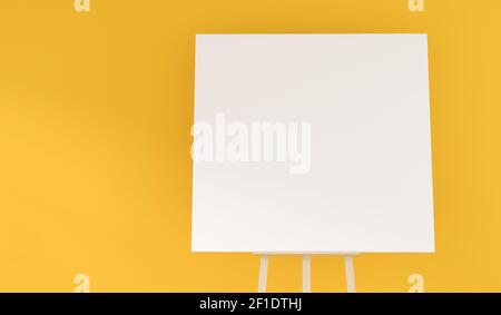 Wooden easel with a blank canvas in a yellow room with space for text on the wall, 3d rendering Stock Photo