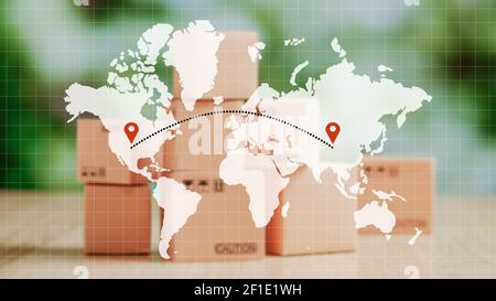 The concept of transporting goods around the world from one point to another. Stock Photo