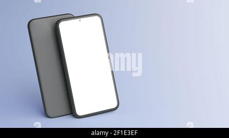 Front and back mobile phone mockup on a blue background and copyspace in 3D rendering. Realistic template of cellphone frame and blank display concept Stock Photo