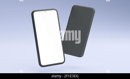 Front and back mobile phone mockup screen floating on a blue background in 3D rendering. Realistic template of cellphone frame and blank display conce Stock Photo