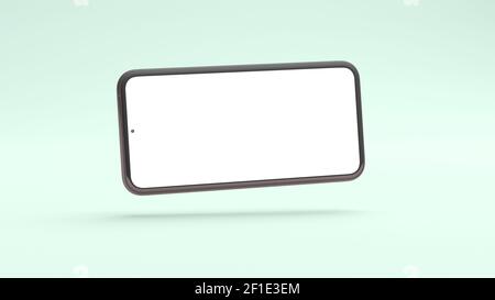 Horizontal wide screen mobile phone mockup floating on a green background in 3D rendering. Realistic template of isolated cellphone frame and blank di Stock Photo