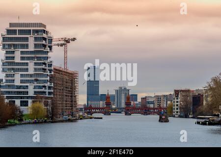 Berlin, Germany - 6.03.2021: Panorama view on Spree River and Oberbaum Bridge. Shot taken from Schilling Bridge. Stock Photo