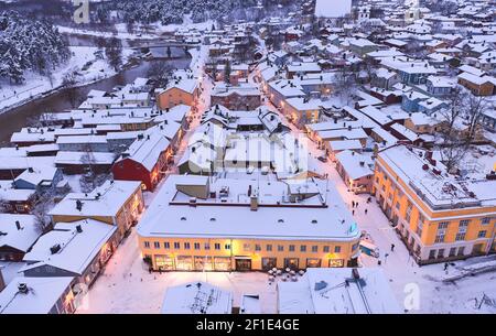 Aerial view of Old Porvoo in the winter evening with Christmas decoration, Finland. Porvoo is one of the most famous, beautiful old Finnish cities. Stock Photo