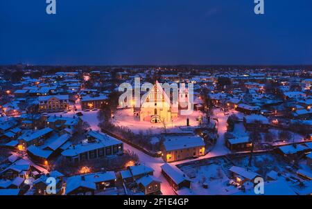 Aerial view of Old Porvoo in the winter evening with Christmas decoration, Finland. Porvoo is one of the most famous, beautiful old Finnish cities. Stock Photo