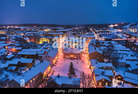 Aerial view of Old Porvoo in the winter evening with Christmas decoration, Finland. Porvoo is one of the most famous, beautiful old Finnish cities. Stock Photo