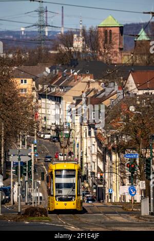 Ruhrbahn tram, inner city traffic, Hobeisenstrasse, in front, Martin-Luther-Strasse, in extension, Essen-Holsterhausen, Essen, NRW, Germany Stock Photo