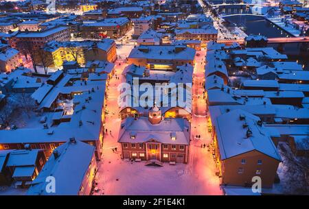 Aerial view of Old Porvoo in the winter evening with Christmas decoration, Finland. Porvoo is one of the most famous, beautiful old Finnish cities. Stock Photo