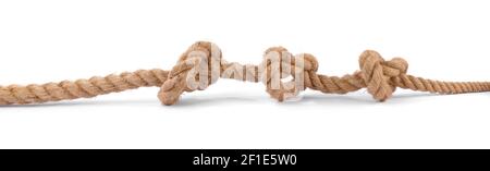 Strong Rope with three Knots on white Background Stock Photo