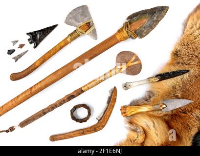 Stone Age Tools on white Background - Stone Age Craft Stock Photo