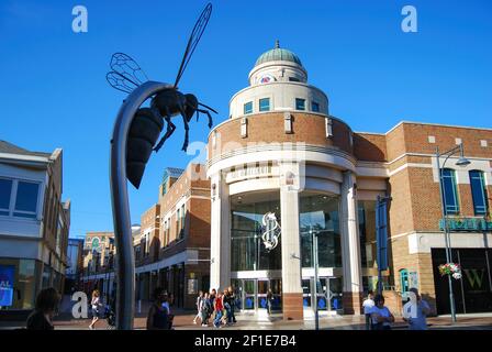 Wasp sculpture outside intu Watford Shopping Centre, High Street, Watford, Hertfordshire, England, United Kingdom Stock Photo