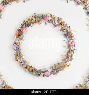 Creative  round frame made with colorful summer dried  natural  flowers, blue petals and green leaves over  white  background. Minimal holiday concept Stock Photo