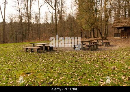 Seating group with benches and a table in a clearing in the forest Stock Photo