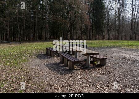 Seating group with benches and a table in a clearing in the forest Stock Photo