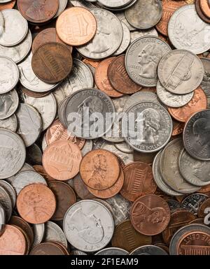American Dollar Currency Coins Lay Flat Pennies Nickels Quarters Dimes