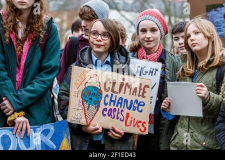 Bristol college student protesters and school children are pictured taking part in a Youth Strike 4 Climate change protest march in Bristol 14-02-20 Stock Photo